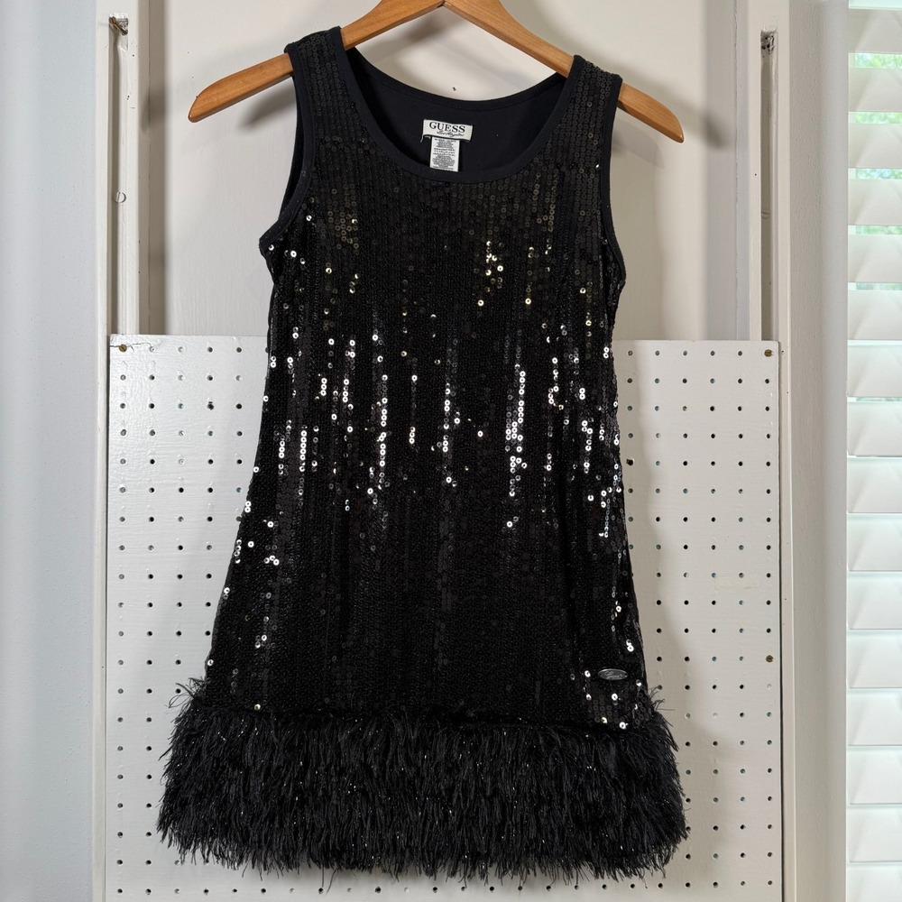Guess Sequin Mini Dress Girls Black Feather Trim Hem Party Cocktail Large (14)